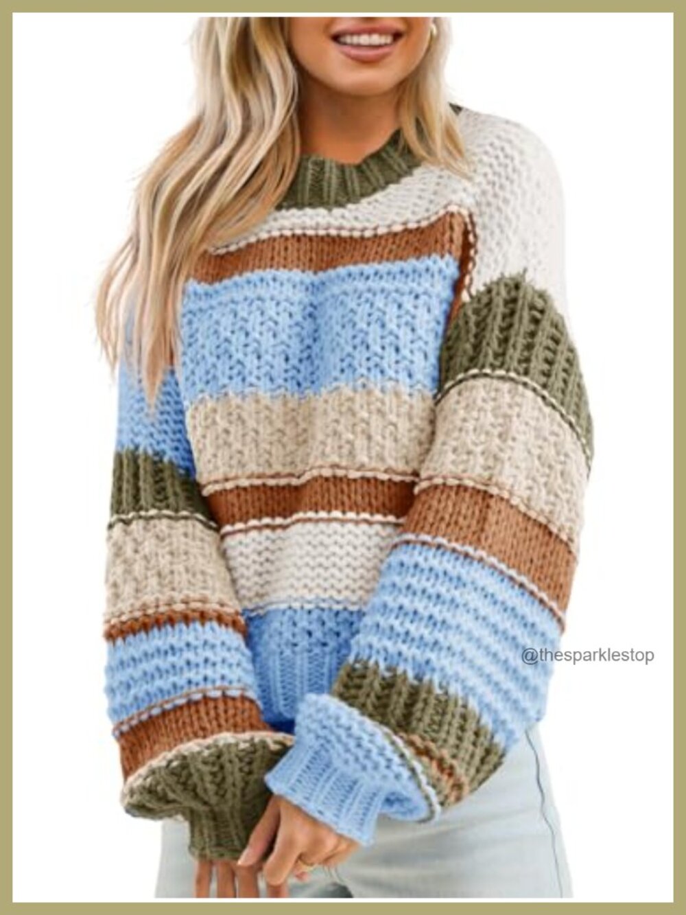 Chunky Knit Striped Cropped Sweater Pullover Long Sleeve Crew Neck